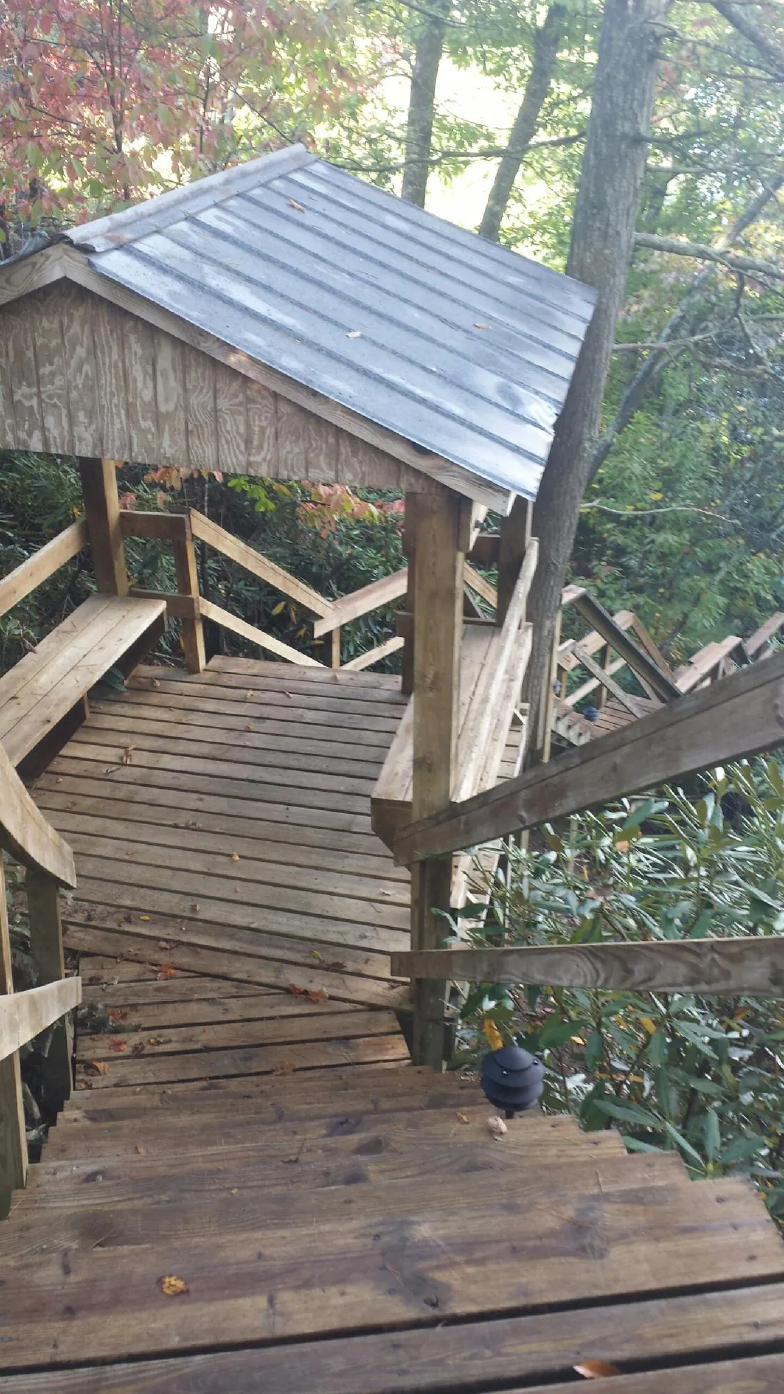 Metal roofed shelter over wooden steps on a wooded walkway — Skylight Repair & Installation work by our crew in Red Springs